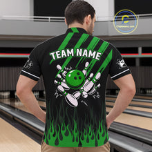 Load image into Gallery viewer, Black and Green Flame Retro Bowling Polo, 1/4 Zip Shirt for Men Custom Vintage Team Bowling Jersey NQS11677