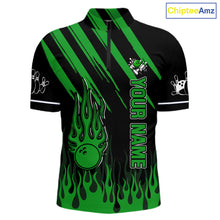Load image into Gallery viewer, Black and Green Flame Retro Bowling Polo, 1/4 Zip Shirt for Men Custom Vintage Team Bowling Jersey NQS11677