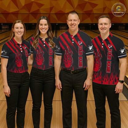 Black and Red Flame Retro Bowling Polo, 1/4 Zip Shirt for Women Custom Vintage Team Bowling Jersey NQS11678