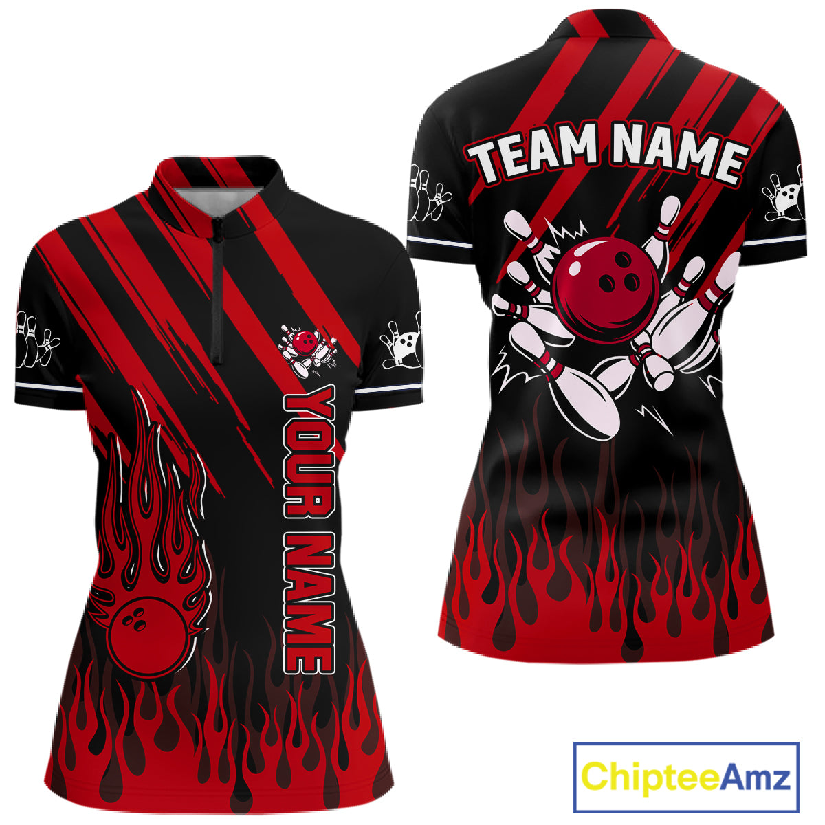 Black and Red Flame Retro Bowling Polo, 1/4 Zip Shirt for Women Custom Vintage Team Bowling Jersey NQS11678