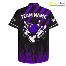 Load image into Gallery viewer, Black and Purple Flame Retro Bowling Button-up Shirt Custom Vintage Team Hawaiian Bowling Jersey NQS11679