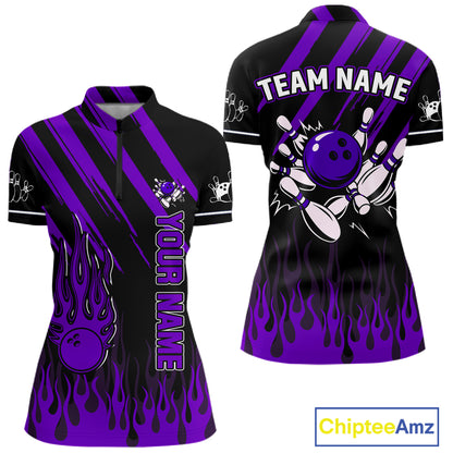 Black and Purple Flame Retro Bowling Polo, 1/4 Zip Shirt for Women Custom Vintage Team Bowling Jersey NQS11679