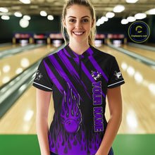 Load image into Gallery viewer, Black and Purple Flame Retro Bowling Polo, 1/4 Zip Shirt for Women Custom Vintage Team Bowling Jersey NQS11679