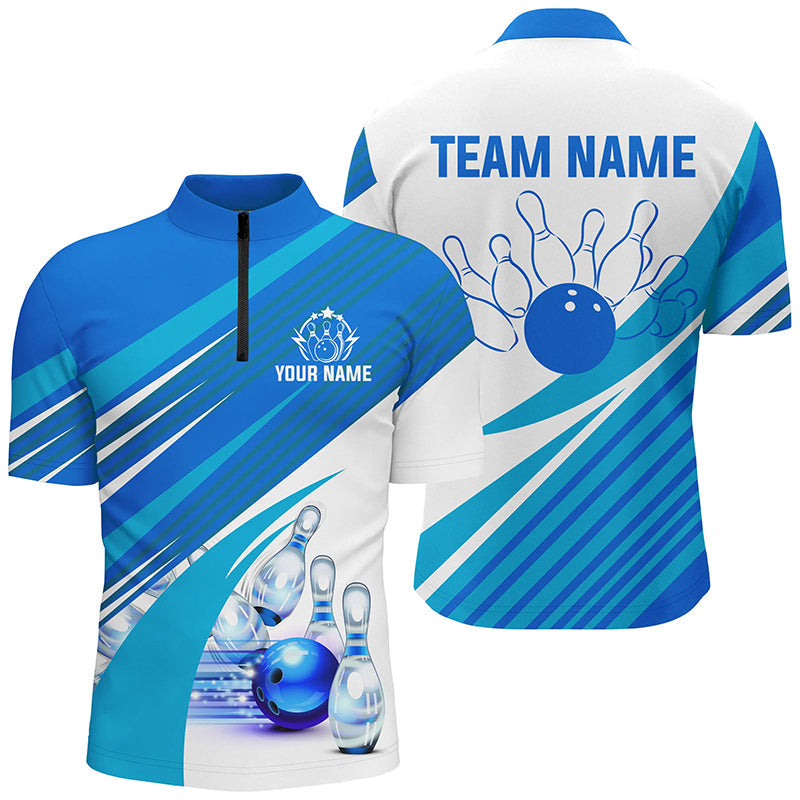 Blue and white Mens bowling shirts Custom bowling team league jerseys, gifts for mens bowlers NQS7547
