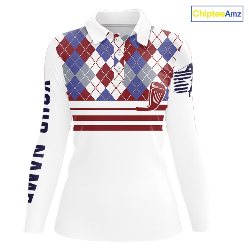 Red, White and Blue argyle pattern golf clubs Women Golf polo shirts Custom golf attire for ladies NQS10030