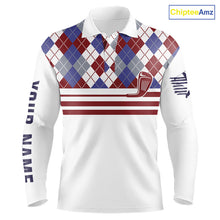 Load image into Gallery viewer, Red, White and Blue argyle pattern golf clubs Mens Golf polo shirts Custom golf attire for men NQS10030