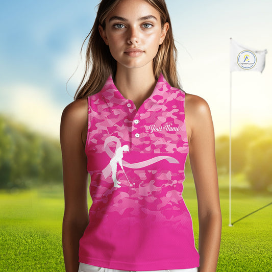 Breast Cancer Awareness golf shirts custom Women sleeveless golf polos, pink camo ribbon golf shirts NQS10191