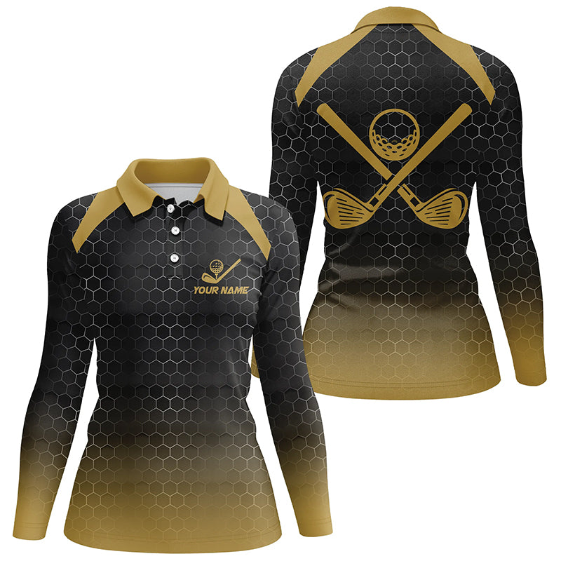 Womens golf polo shirts custom black and yellow hexagon pattern golf outfits women, cool golf gifts NQS8138