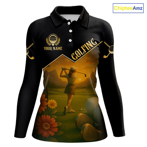Black & Gold Golf polo shirt for Women Custom  Ladies golf tops, gift for golfers NQS10339