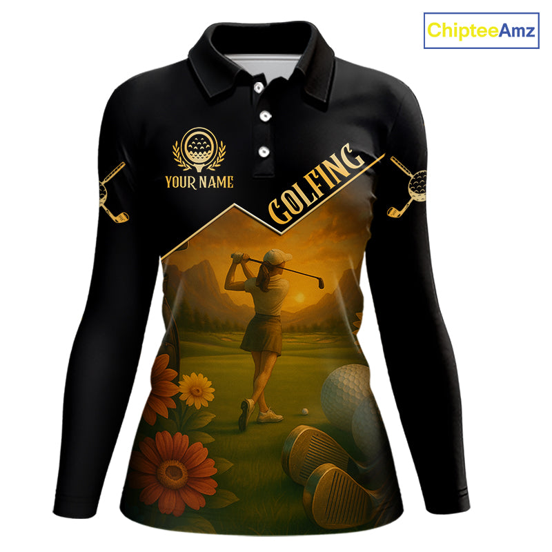 Black & Gold Golf polo shirt for Women Custom  Ladies golf tops, gift for golfers NQS10339