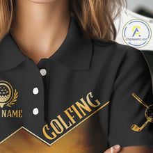 Load image into Gallery viewer, Black &amp; Gold Golf polo shirt for Women Custom  Ladies golf tops, gift for golfers NQS10339
