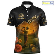 Load image into Gallery viewer, Black &amp; Gold Golf polo shirt for men Custom  Mens golf tops, gift for golfers NQS10339
