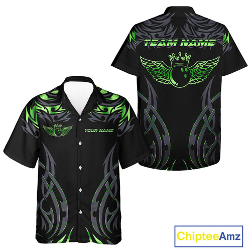 Personalized Black And Green tribal pattern Bowling Hawaiian Shirt, angel wings Bowling Team jerseys NQS10759
