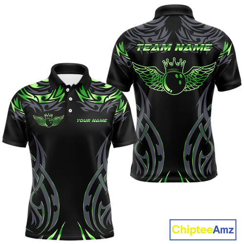 Personalized Black And Green tribal pattern Bowling Shirts For Men, angel wings Bowling Team jerseys NQS10759
