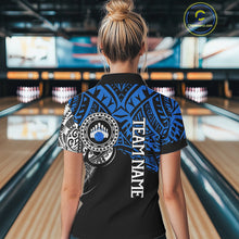 Load image into Gallery viewer, Personalized Black and Blue Tribal pattern Women Bowling Shirt Custom Team Bowling outfit for ladies NQS10762