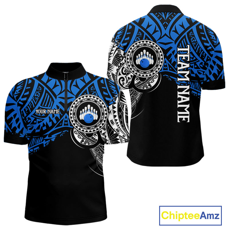 Personalized Black and Blue Tribal pattern Mens Bowling Shirts Custom Team Bowling outfit for men NQS10762