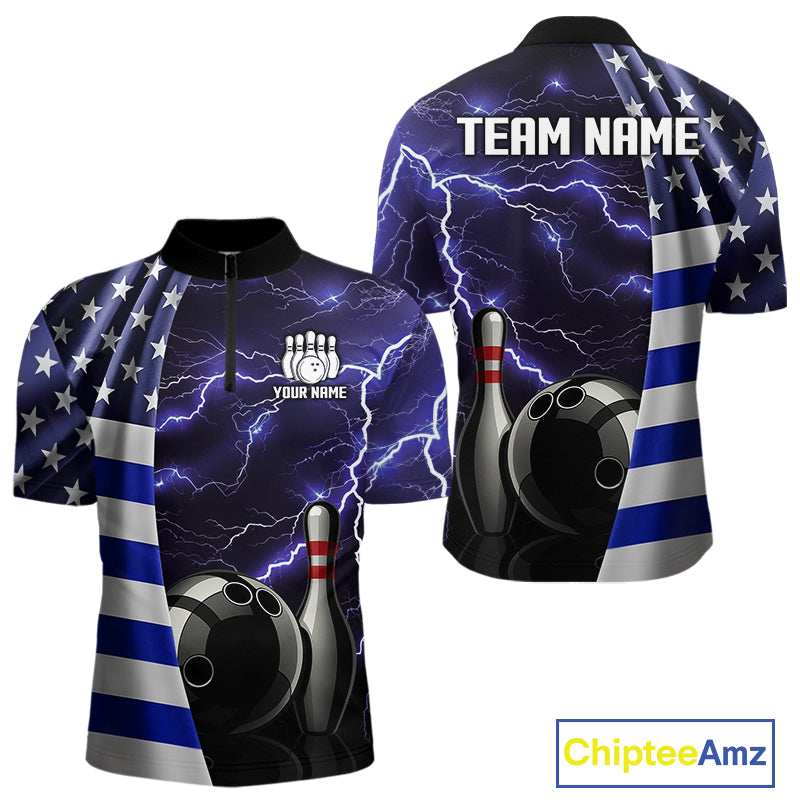 Blue Lightning Thunder American Flag Bowling Shirts For Men Custom patriotic team bowling jerseys NQS10960
