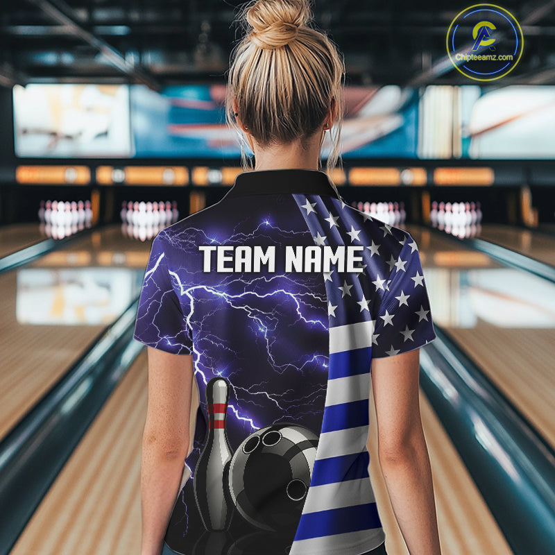 Blue Lightning Thunder American Flag Bowling Shirts For Women Custom patriotic team bowling jerseys NQS10960