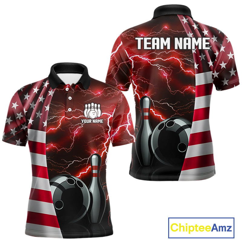 Red Lightning Thunder American Flag Bowling Shirts For Men Custom patriotic team bowling jerseys NQS10961
