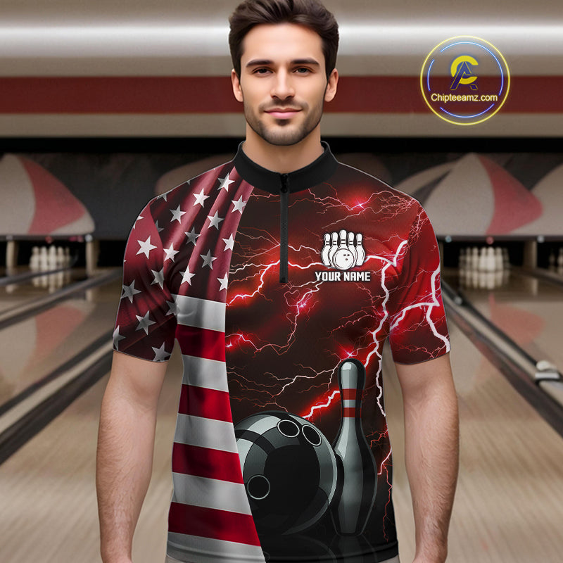 Red Lightning Thunder American Flag Bowling Shirts For Men Custom patriotic team bowling jerseys NQS10961
