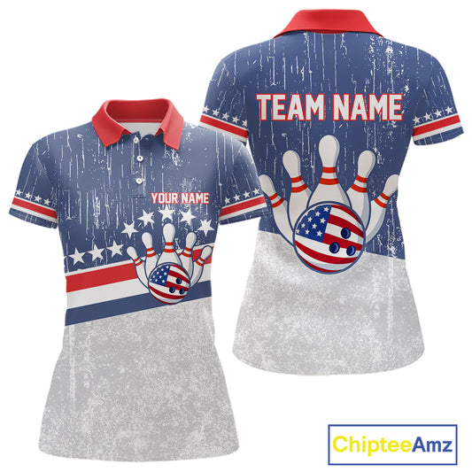 Red, White and Blue Grunge American Flag Bowling Shirt For Women Custom Patriotic Team Bowling jersey NQS11345