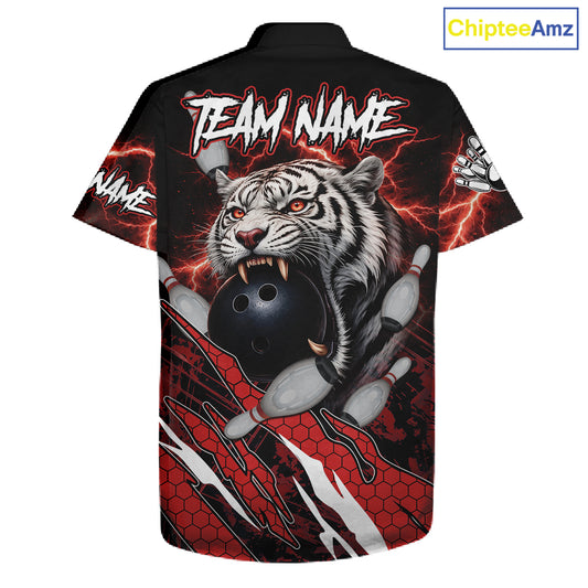 Black and Red Lightning Thunder Tiger Bowling Hawaiian Jersey, Bowling Team button-up shirts NQS11571