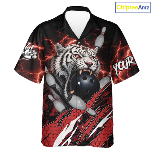 Black and Red Lightning Thunder Tiger Bowling Hawaiian Jersey, Bowling Team button-up shirts NQS11571