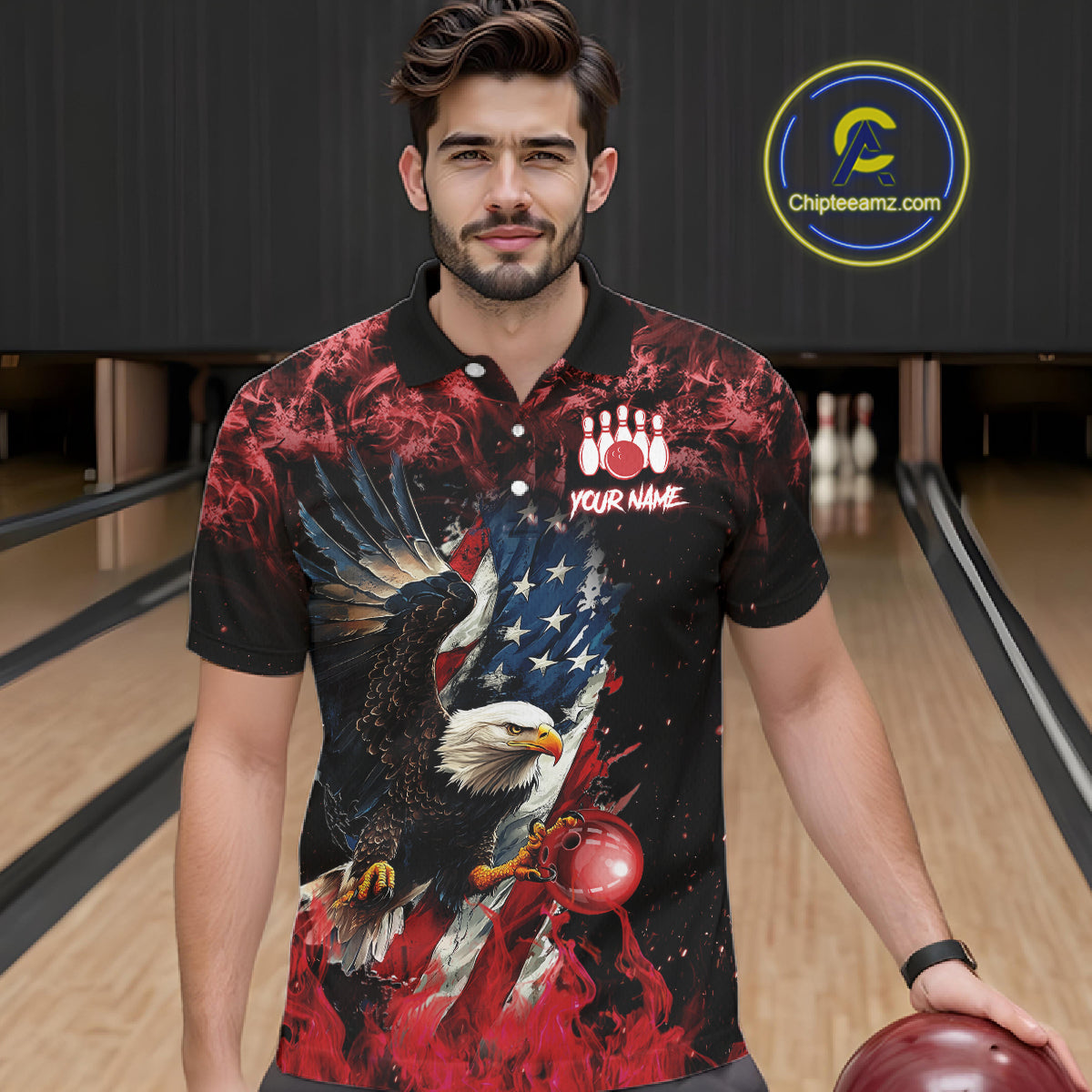 Red Flame American Flag Eagle bowling shirts for Men Custom Bowling Team Jersey, gift for Bowler NQS11556