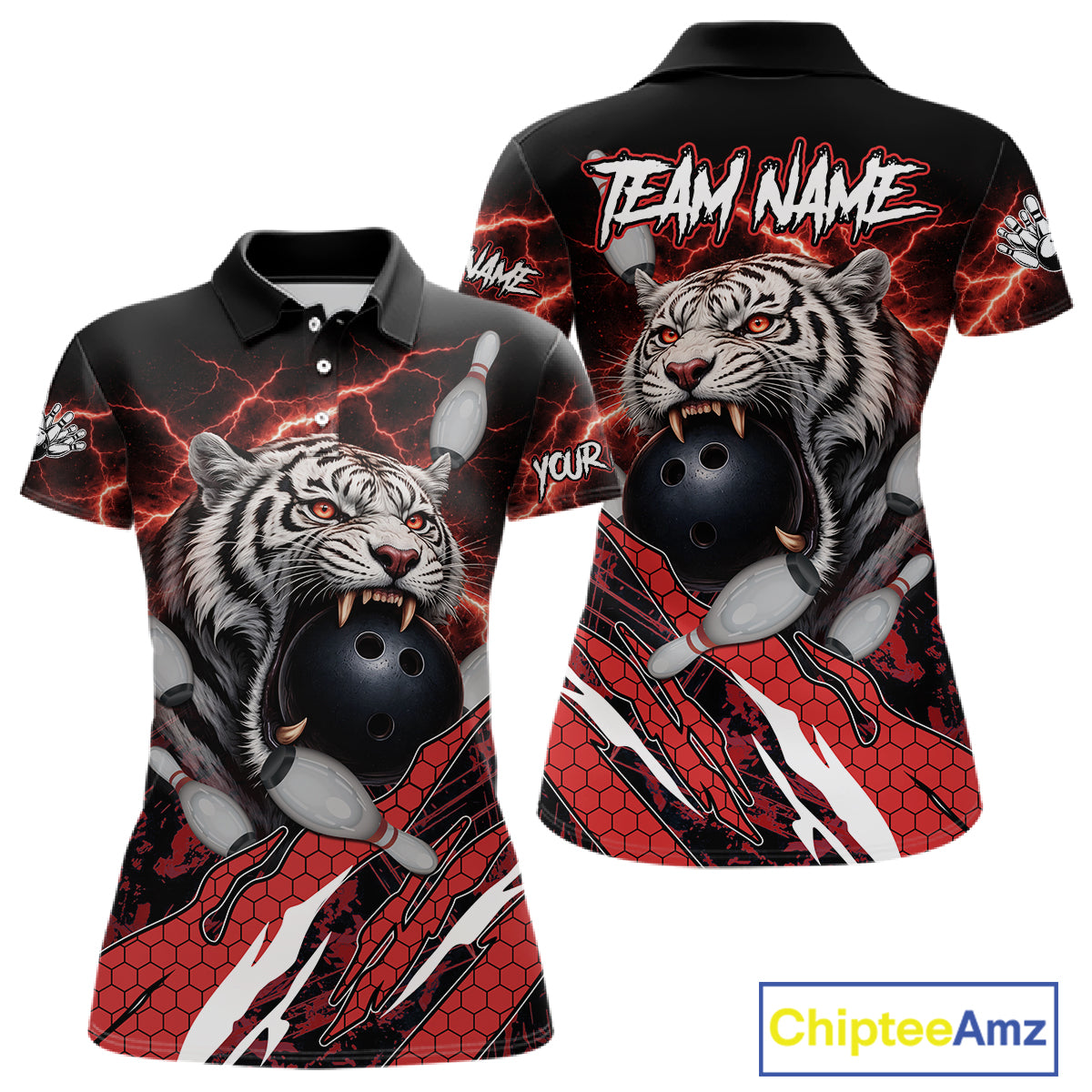 Black and Red Lightning Thunder Tiger Bowling Polo, 1/4 Zip Jersey for Women, Bowling Team shirts NQS11571