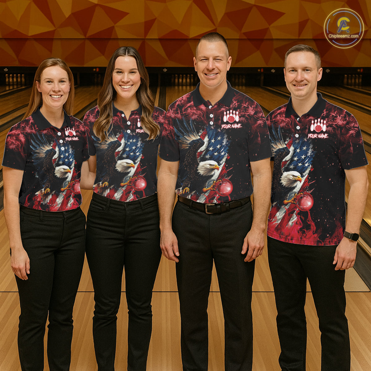 Red Flame American Flag Eagle bowling shirts for Men Custom Bowling Team Jersey, gift for Bowler NQS11556
