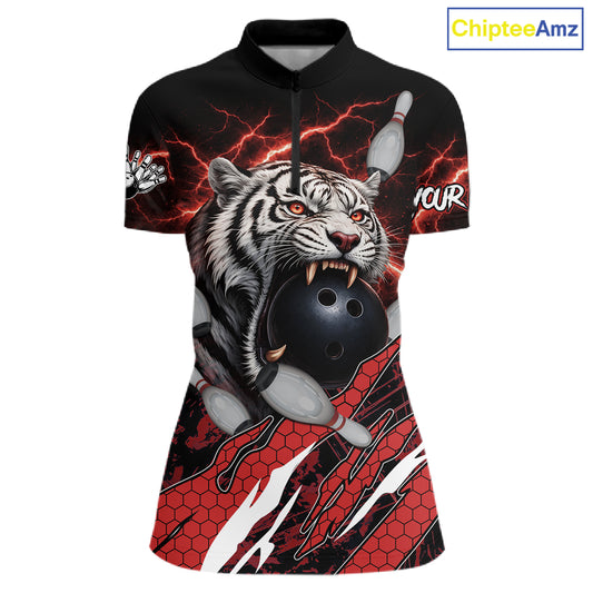 Black and Red Lightning Thunder Tiger Bowling Polo, 1/4 Zip Jersey for Women, Bowling Team shirts NQS11571