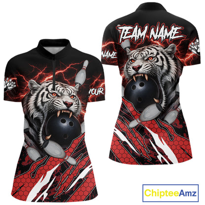 Black and Red Lightning Thunder Tiger Bowling Polo, 1/4 Zip Jersey for Women, Bowling Team shirts NQS11571