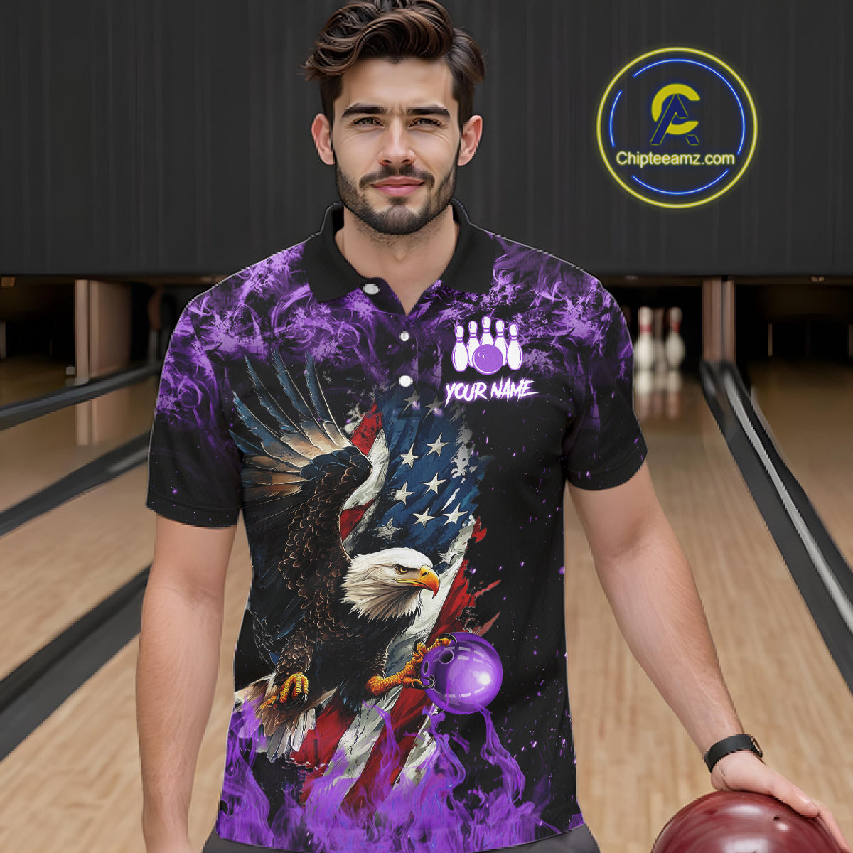 Purple Flame American Flag Eagle bowling shirts for Men Custom Bowling Team Jersey, gift for Bowler NQS11557