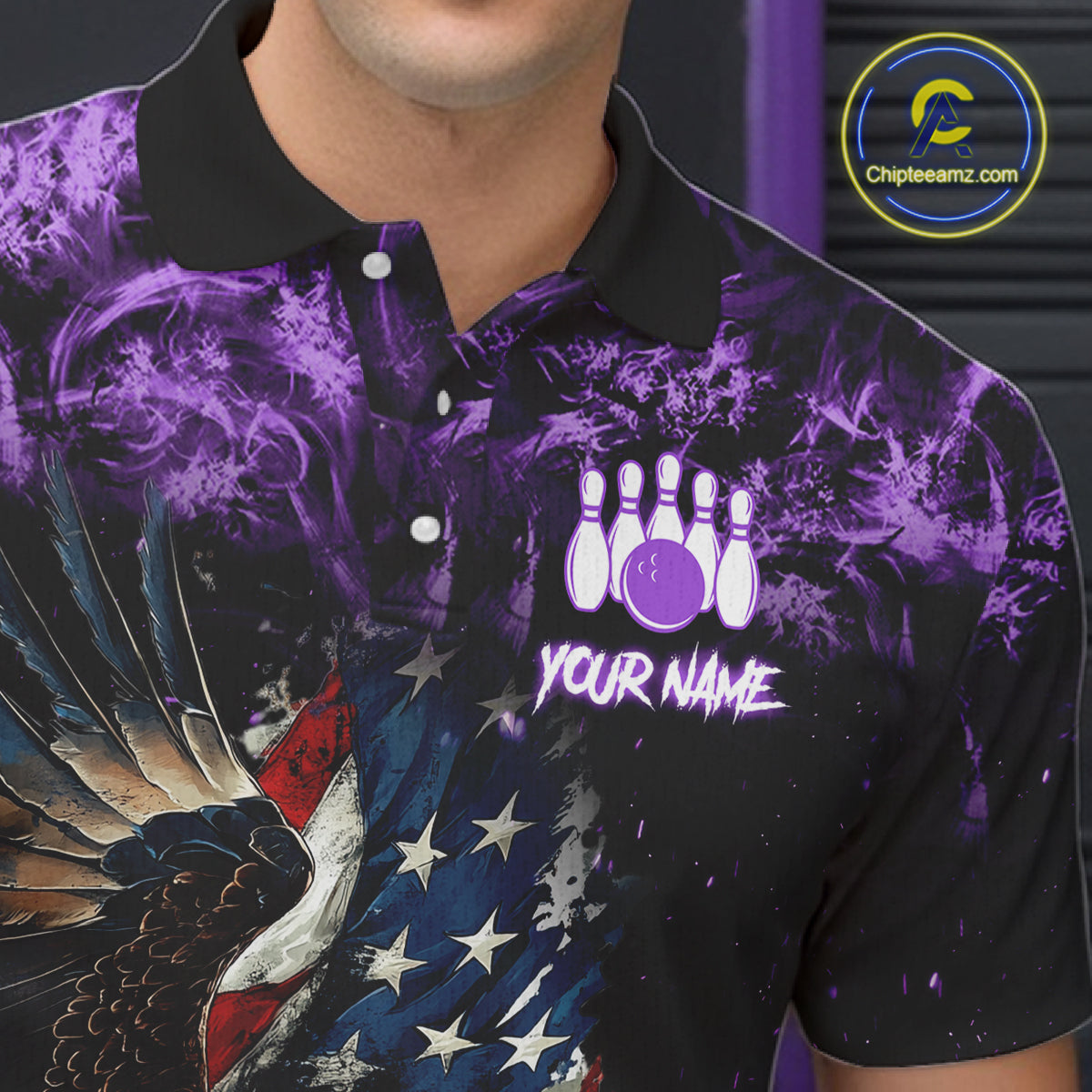 Purple Flame American Flag Eagle bowling shirts for Men Custom Bowling Team Jersey, gift for Bowler NQS11557