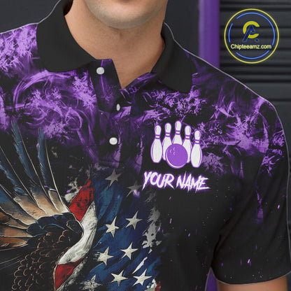 Purple Flame American Flag Eagle bowling shirts for Men Custom Bowling Team Jersey, gift for Bowler NQS11557