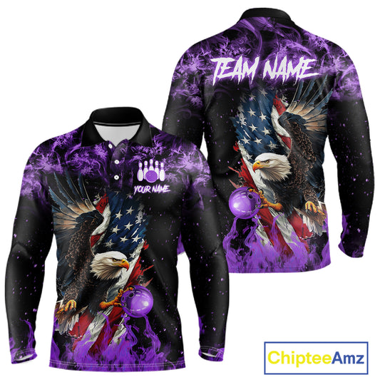 Purple Flame American Flag Eagle bowling shirts for Men Custom Bowling Team Jersey, gift for Bowler NQS11557
