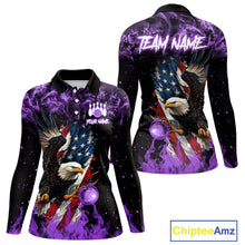 Load image into Gallery viewer, Purple Flame American Flag Eagle bowling shirts for Women Custom Bowling Team Jersey, gift for Bowler NQS11557