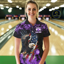Load image into Gallery viewer, Purple Flame American Flag Eagle bowling shirts for Women Custom Bowling Team Jersey, gift for Bowler NQS11557