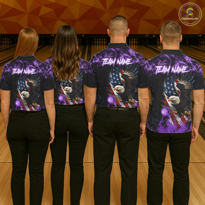Purple Flame American Flag Eagle bowling shirts for Men Custom Bowling Team Jersey, gift for Bowler NQS11557