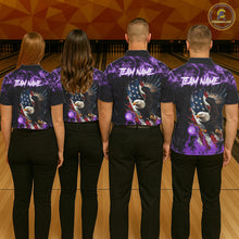 Load image into Gallery viewer, Purple Flame American Flag Eagle bowling shirts for Women Custom Bowling Team Jersey, gift for Bowler NQS11557