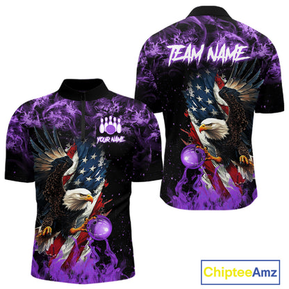 Purple Flame American Flag Eagle bowling shirts for Men Custom Bowling Team Jersey, gift for Bowler NQS11557