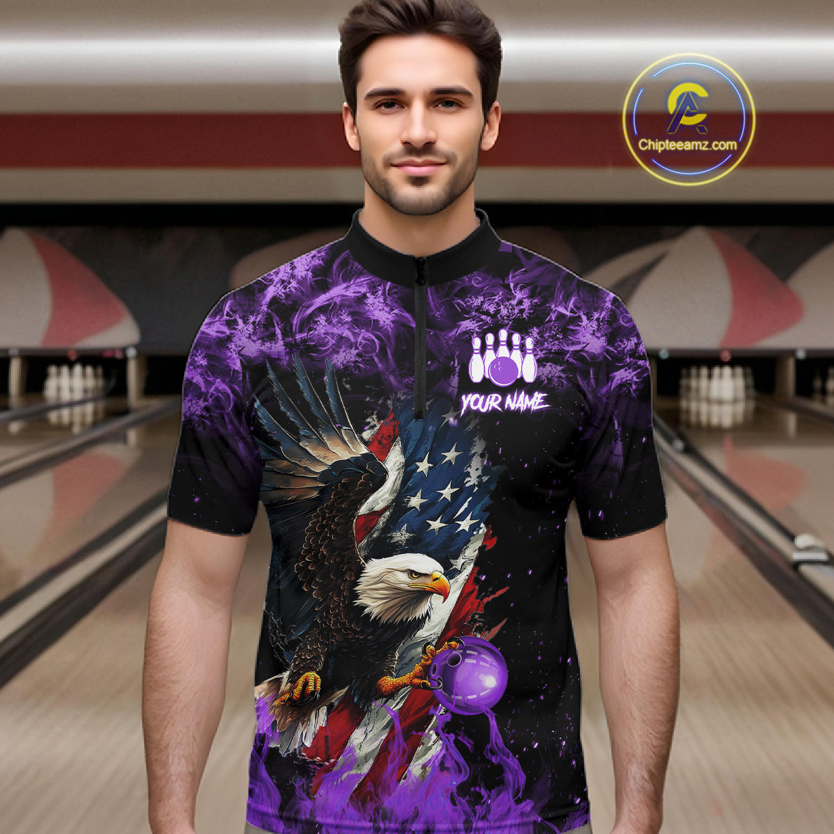 Purple Flame American Flag Eagle bowling shirts for Men Custom Bowling Team Jersey, gift for Bowler NQS11557