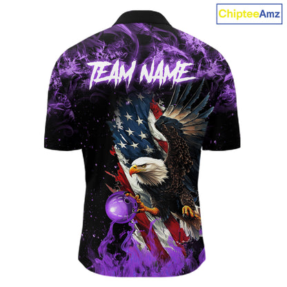 Purple Flame American Flag Eagle bowling shirts for Men Custom Bowling Team Jersey, gift for Bowler NQS11557
