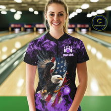 Load image into Gallery viewer, Purple Flame American Flag Eagle bowling shirts for Women Custom Bowling Team Jersey, gift for Bowler NQS11557