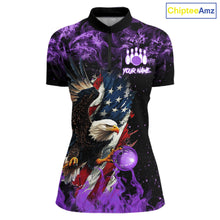 Load image into Gallery viewer, Purple Flame American Flag Eagle bowling shirts for Women Custom Bowling Team Jersey, gift for Bowler NQS11557