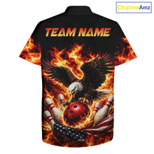 Load image into Gallery viewer, Custom Flame American Flag Eagle Bowling Hawaiian Shirts, Patriotic Eagle Bowling Team Jerseys NQS11560