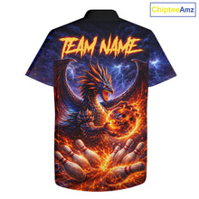 Load image into Gallery viewer, Orange and Purple Lightning Thunder Dragon Bowling Button-up Shirt Custom Dragon Team Bowling Jersey NQS11680