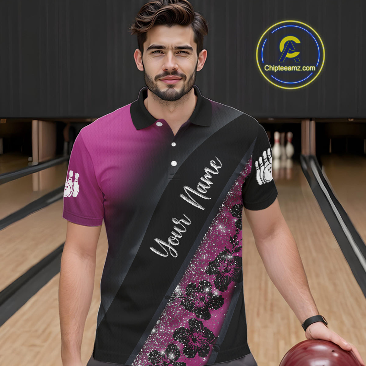Black and Pink Glitter Flower Bowling Polo, Quarter Zip Shirt for Men Custom Bowling Team Jerseys NQS11685