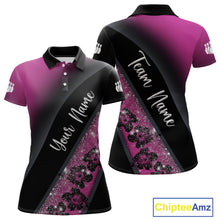 Load image into Gallery viewer, Black and Pink Glitter Flower Bowling Polo, Quarter Zip Shirt for Women Custom Bowling Team Jerseys NQS11685
