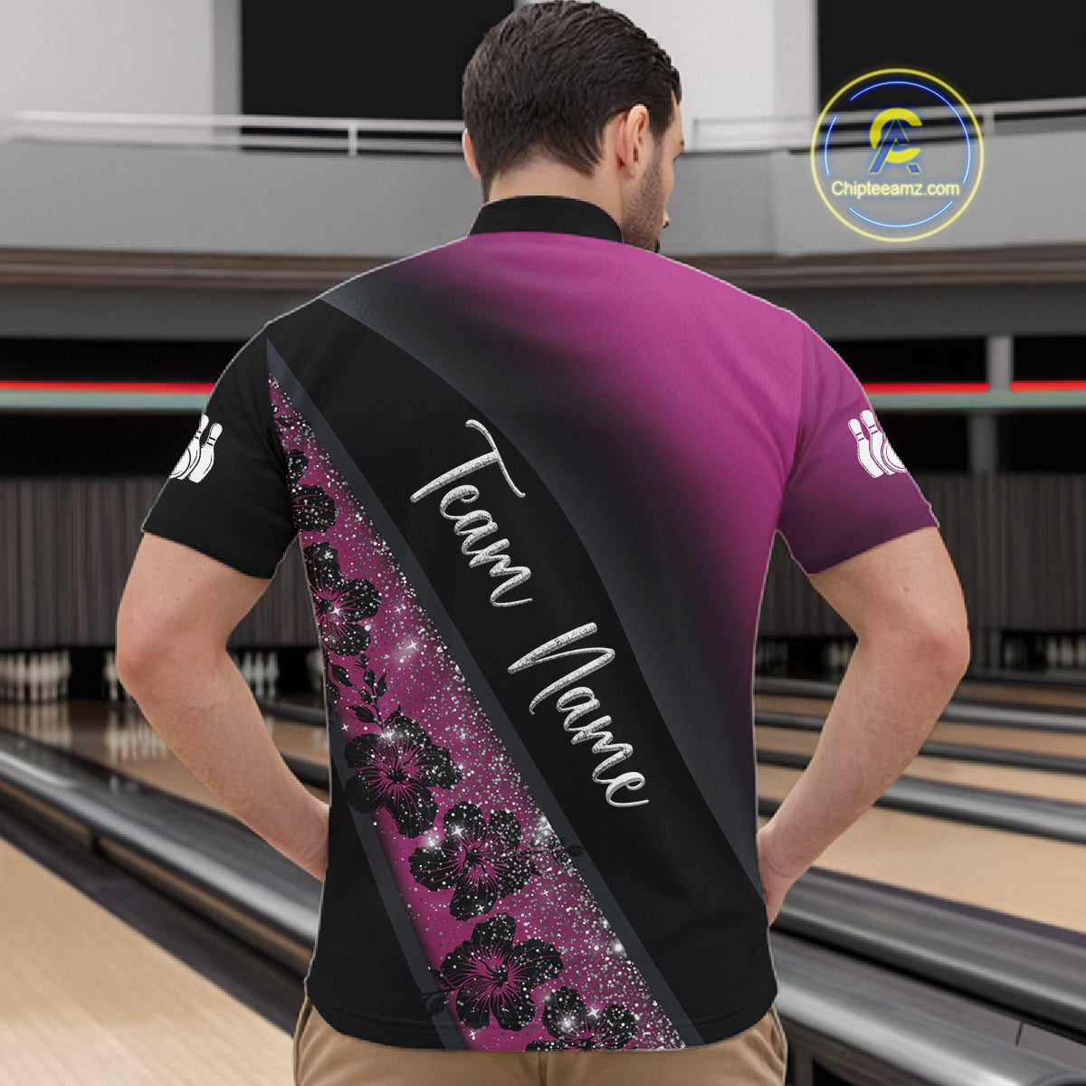 Black and Pink Glitter Flower Bowling Polo, Quarter Zip Shirt for Men Custom Bowling Team Jerseys NQS11685